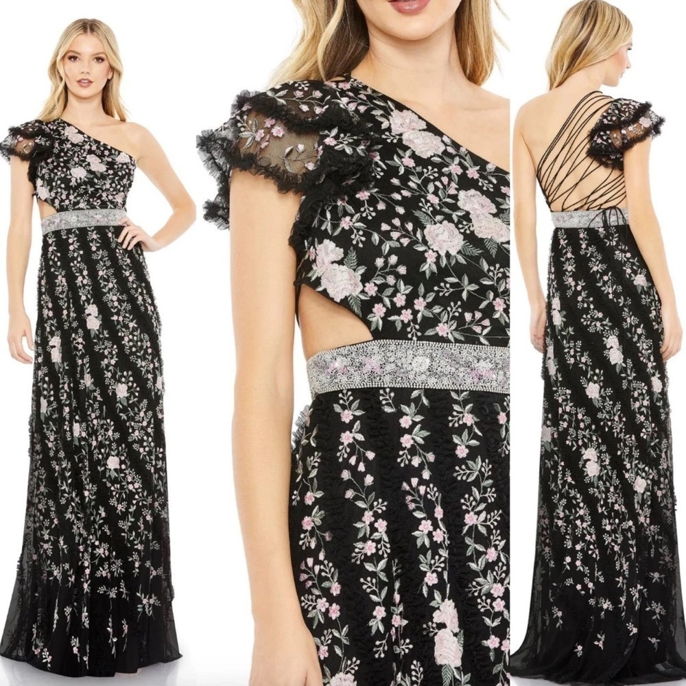 Mac Duggal Size 6Black Floral Embroidered Ruffle One Shoulder Lace Up Gown